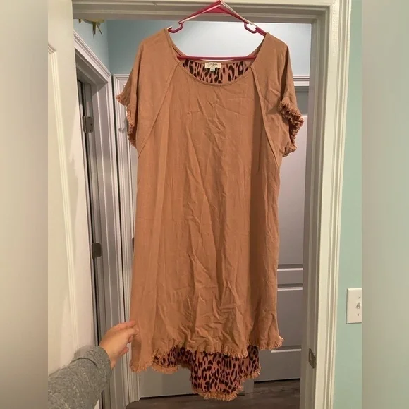 Umgee Linen Blend Frayed Hem Animal Print Dress - Picture 2 of 7